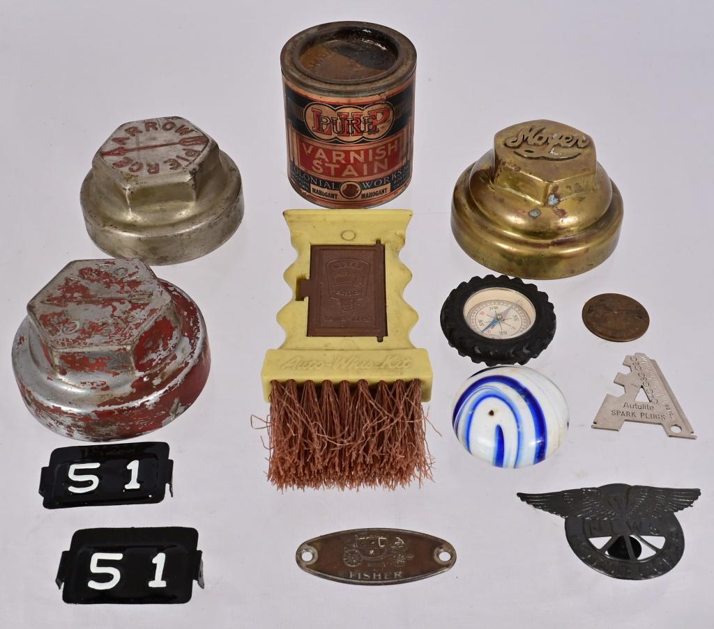 Collection of Automotive Accessories: Vintage Hub Covers, Auto Whis Kit, Tire Compass, Varnish Stain