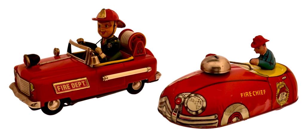 Two Toy Fire Engines with Drivers: Nomura Tin Fire Engine Dept. No.12 C 1950 Made In Japan- 10" x 6" x 4 1/2". 1940's 9" Metal Tin Pull Toy Fire Chief Bell Car by T Cohn Superior 9" x 4 1/2" x 4"