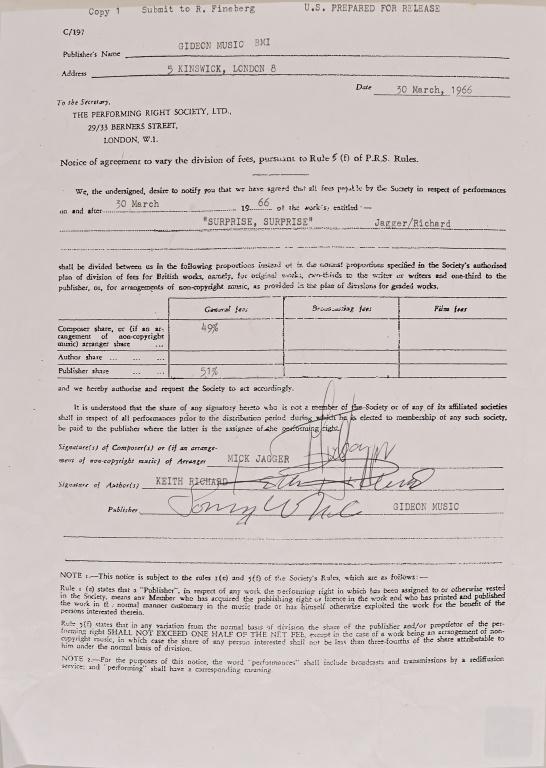 Rolling Stones Jagger & Keith Richard Contract (1 of 3)
