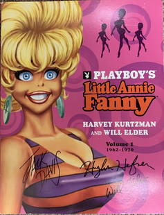 Hugh Hefner Signed Little Annie Fanny Book: Little Annie Fanny signed book autographed by Hugh Hefner, Jack Davis and Will Elder. Volume one1962- 1970. Mag was originally $24.95 8x11 inches. GFA authenticated. HL14575