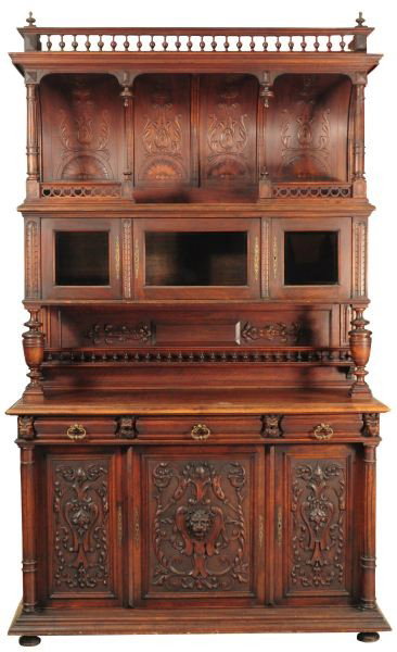 Large Ornately Carved Hunt Cabinet New Orleans: Circa 1860-1880, Was Acquired Many Years Ago From a St. Charles Avenue Estate in New Orleans. Beveled Glass, 5 Piece Construction. Measures 62" wide x 24" deep x 104" tall