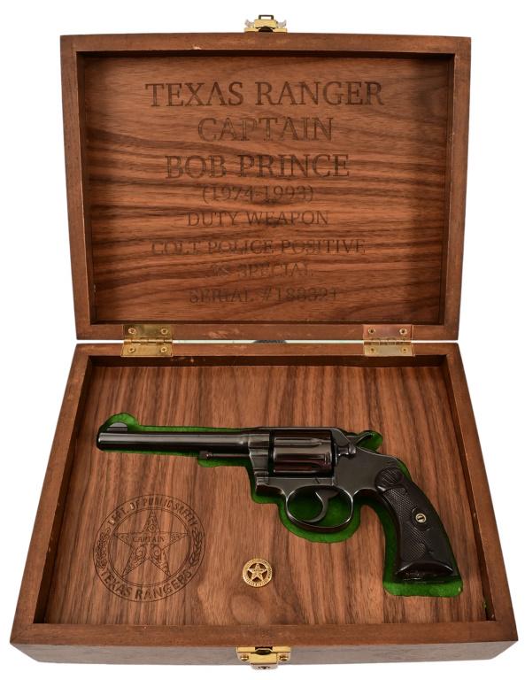 Texas Ranger Bob Prince's Colt Police Positive: S/N 188231. Colt Police Positive .38 Special Revolver, Duty carried by Texas Ranger Bob Prince between 1974-1993. Blue finish, 5" barrel, Colt grips have both cracked and broken on backstrap side. Com