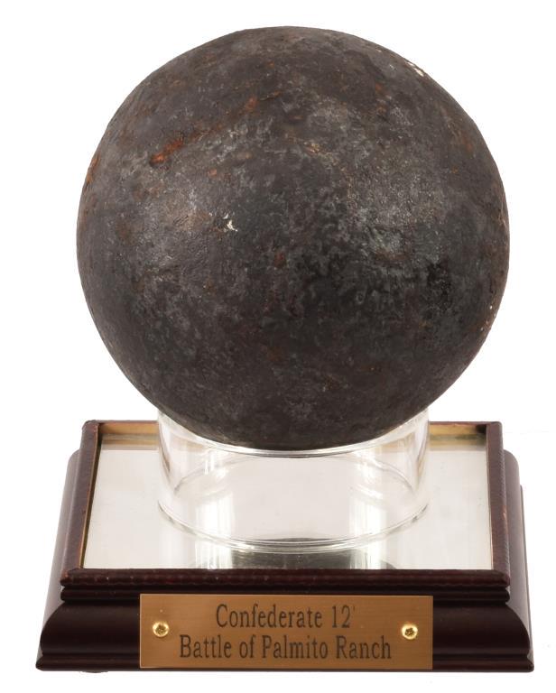 Battle of Palmetto Ranch 12 Pound Cannonball: 4.75" dia. Battle of Palmetto Ranch, Near Brownsville, Texas, 1865. Modern case. Provenance: The Battle of Palmetto Ranch was the last battle of the Civil War and the last Confederate victory. It was