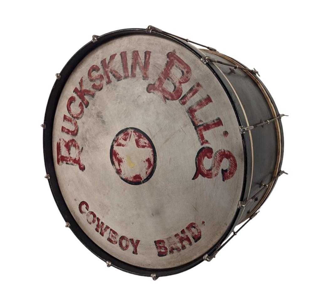 Buckskin Bill's Cowboy Band Drum Wild West Show: Attributed to lesser known Buckskin Bill's Wild West Show. A fictitious character, Buckskin Bill was created by a man named Fletcher Terrell in 1900. Several incidents occurred from 1900-1902, trick-r