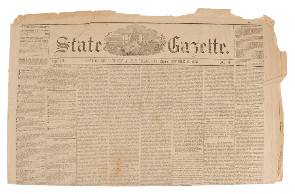 1855 Austin Texas Newspaper Oct. 13, State Gazette: Vol. VII No.8