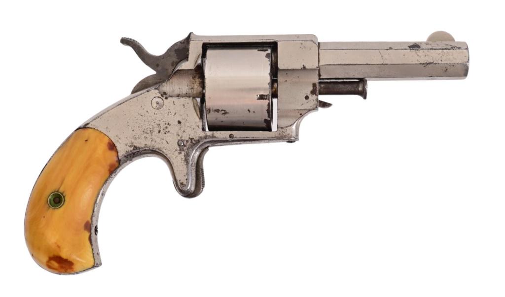 Forehand & Wadsworth 41 Cal. "Swamp Angel": 41 Cal. Rim Fire. Nickel with Ivory Grips. S/N 3751. Top strap stamped "SWAMP ANGEL" to appeal to Prostitutes and Madams...A name given to these ladies of the Western Frontier. Antique.