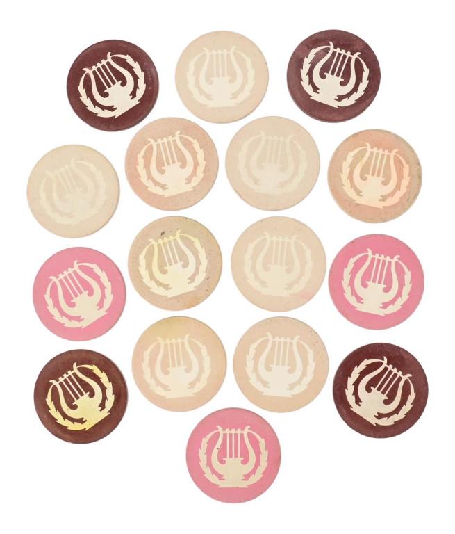Collection Of 16 Vintage Clay Poker Chips: Matching Harp Design. 3 Colors.
