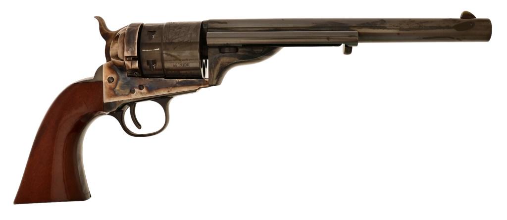 Uberti 1851 Navy Richards-Mason .38 Revolver: S/N X09387. Cimarron-Uberti Richards-Mason 1851 Navy conversion revolver. 8" barrel with black finish, case hardened framed, walnut grips. Modern.