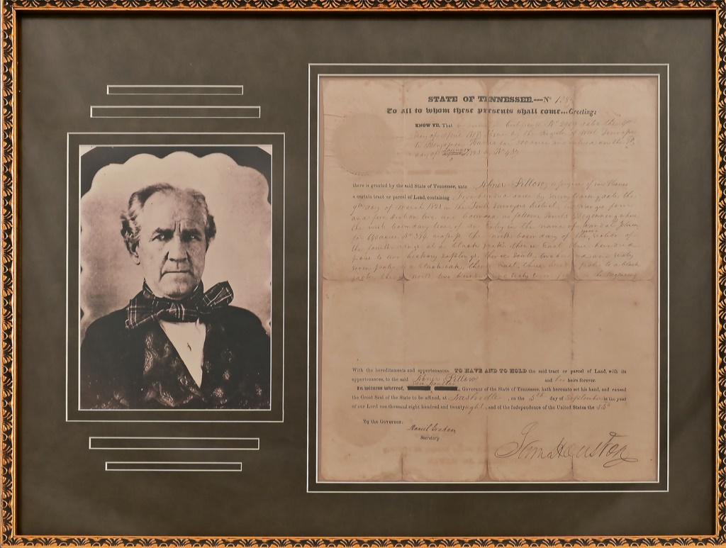 Sam Houston Signed Tennessee Land Grant: State of Tennessee land grant signed by Sam Houston, for 500 acres to a Benjamin Harris. Document image size measures 12.5" x 15", while the frame measures 22.5" x 29"