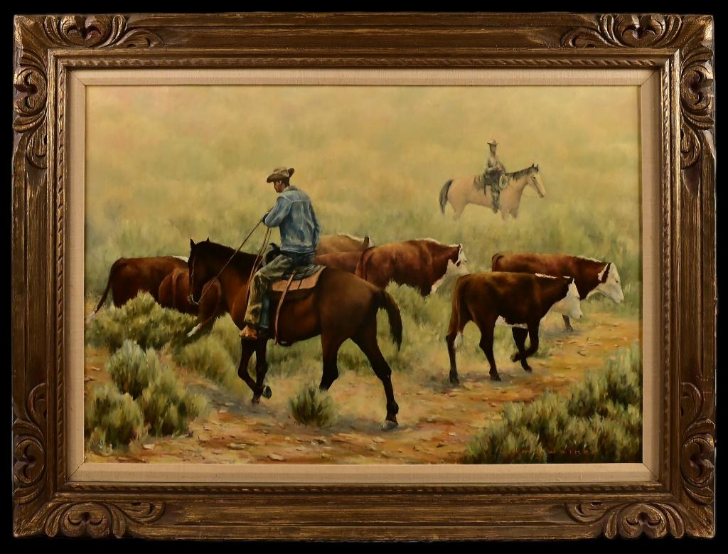 Jimmy Walker Original Framed Oil Painting: Working Quarter Horses" by Jimmy Walker, oil on canvas 24" x 36. Frame measures 32" x 44
