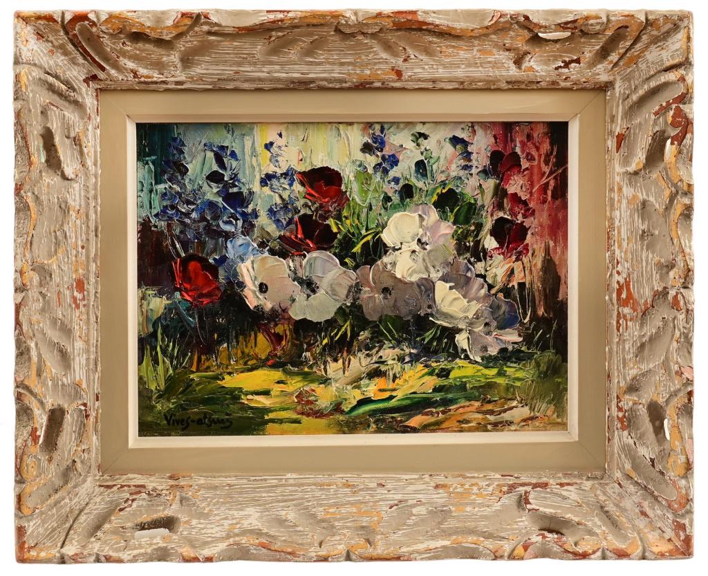 Jose Vives-Atsara Original Framed Oil Painting: "Flowers", by Texas artist Jose Vives-Atsara oil on board 9" x 12". Frame measures 14.5" x 17.5". Reciept shows purchase from Glasser's Art Gallery, San Antonio Texas, 6/9/1967,