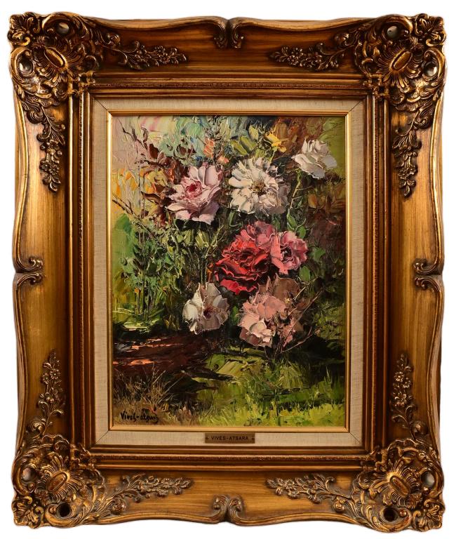 Jose Vives-Atsara Original Framed Oil Painting: Roses", by Texas artist Jose Vives-Atsara oil on canvas 12" x 16". Frame measures 21" x 25