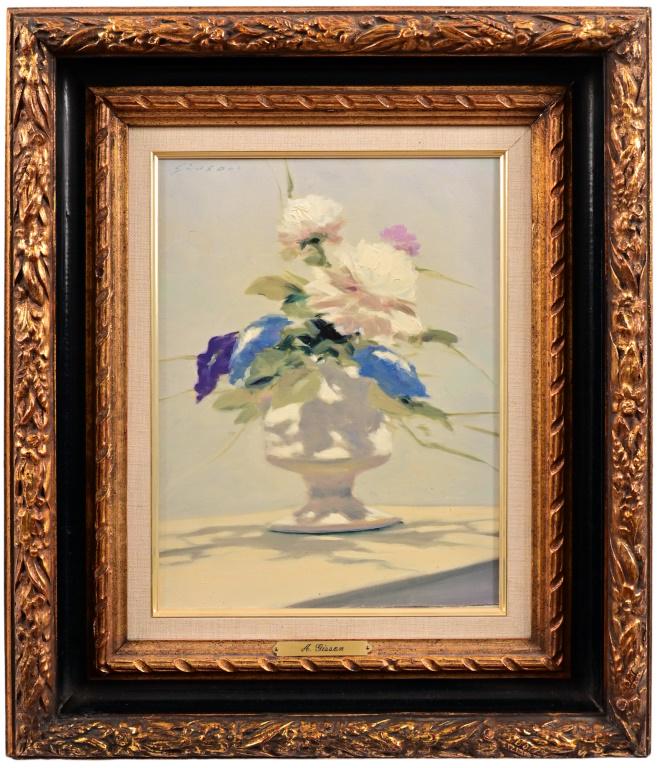 Andre Gisson Original Framed Oil Painting: Still life oil on canvas 9" x 12". Frame measures 16.5" x 19.25"