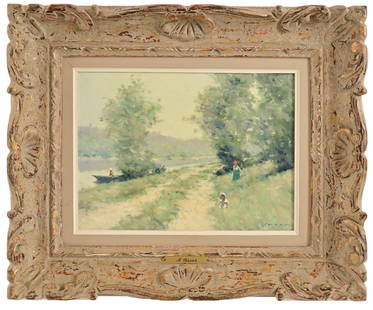 Andre Gisson Original Framed Oil Painting: Landscape. 9" X 12". Frame measures 15.75" X 18.75". Includes receipt for $178.50 from Pace Galleries, Houston, Texas on 12/26/67.