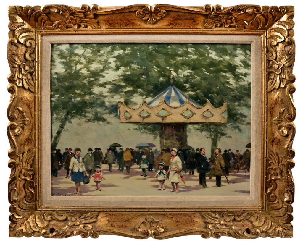 Andre Gisson Original Framed Oil Painting: "Carousel" oil on canvas 16" 20". Frame measures 22.75" x 26.75". Receipt shows purchase from Bradford Paint Company & Art Gallery, Austin Texas in 1968.