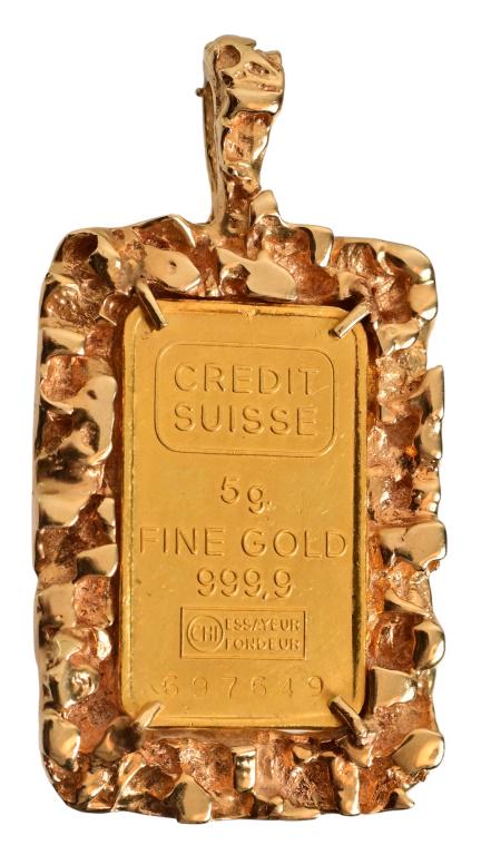 14k Gold Bar Credit Suisse Bank Bezel Pendant: S/N 697649. Gram weight 15.5