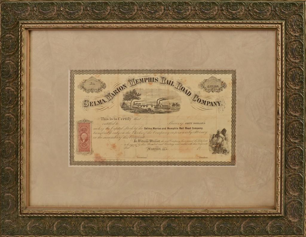 Nathan Bedford Forrest Signed Railroad Stock: Selma Marion Memphis Railroad stock share certificate. ninety shares of fifty dollars. Signed by Nathaniel Bedford Forrest "N.B. Forrest", dated July 25th, 1870. Image size 6.25" x 11". Frame measures