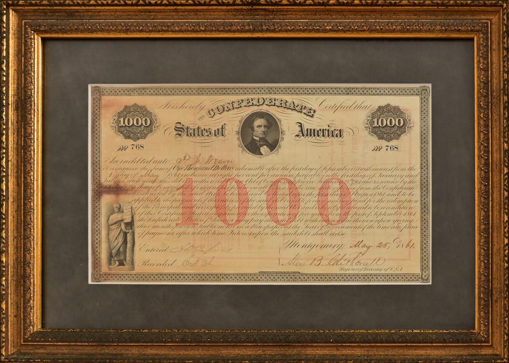 1861 Confederate States of America Civil War Bond: Signed by Alexander B. Clitherall, dated May 25, 1861. Image size 6.25" x 10.75", frame measures 12.25" x 17"