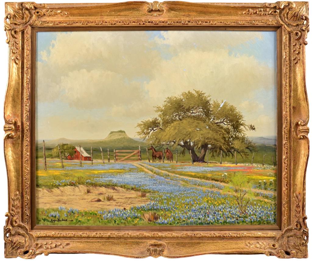 Hugo Herbeck Texas Landscape Oil Painting: One of his early works. Painting measures 24 1/4" x 30".Framed 30 1/2" x 36 5/8".