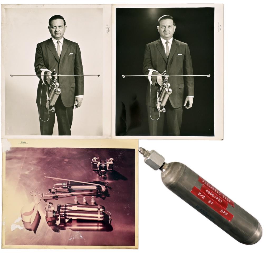 NASA Hand-Held Self Maneuvering Unit Air Tank: CO2 Pressure tube marked ARDE-Portland, serial number 1036. Dated 5/2/67 Measures in entirety 2" x 10.5" Part of the "Hand-Held Self Maneuvering Unit" EVA space walk apparatus developed by Harold I. J