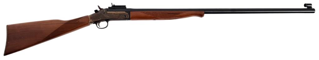 H&R Model 1871 Buffalo Classic Rifle .45-70 Gov't: S/N HT389476. Single-shot, barrel measures 32". Smith Ent. elevation sight. Case hardened receiver and butt-plate. Very good condition.