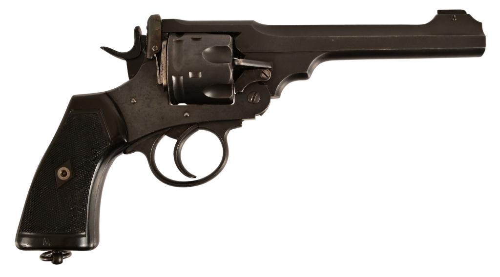 Webley Mark VI .455 Revolver: S/N 420854, manufactured 1930. British proof markings 6" barrel, military parkerized type finish. Black checkered grips with lanyard ring.