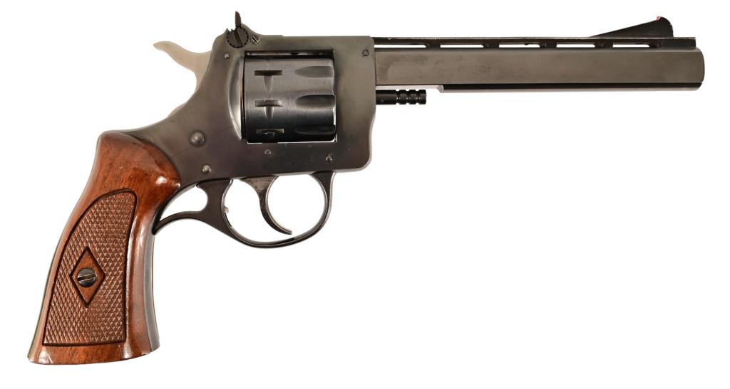 H&R Model 939 Revolver .22 Cal: S/N AN114525. Blue finish , 6" barrel 9-shot, checkered wood target grips.