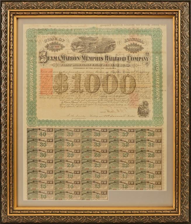 Nathan Bedford Forrest Signed Railroad Stock: $1000 First Mortgage Selma Marion Memphis Railroad Bond Certificate, endorsed by the State of Alabama. Signed by Nathaniel Bedford Forrest "N.B. Forrest", dated September 1st, 1869. Frame measures 21.