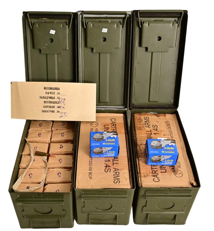 2,500 Rounds Russian 5.45x39 Ammo: Approx. 1,480 (49bx X 30Rd) Silver Bear 5.45x39 60Gr. Bimetal FMJ Zinc Plated Case. Approx. 1,080 Rounds (36bx. X 30Rd) Russian Military Surplus 53Gr Steel Case. All packed in 3 Military Containers.