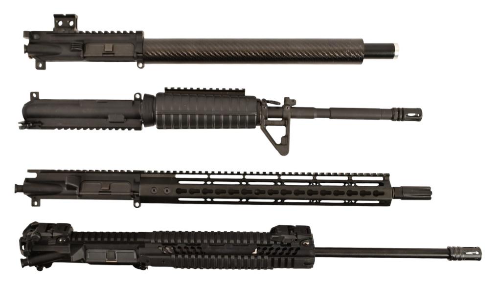 Four (4) AR-15 Upper Receivers: (1) 9mm 16" barrel with flash suppressor, 1/8 twist, receiver only. (1) .410 & 3" chamber smoothbore 19" barrel made in turkey, w/ bolt carrier group and flip up sights. (1) AR-15 Upper Receiver 5.45 
