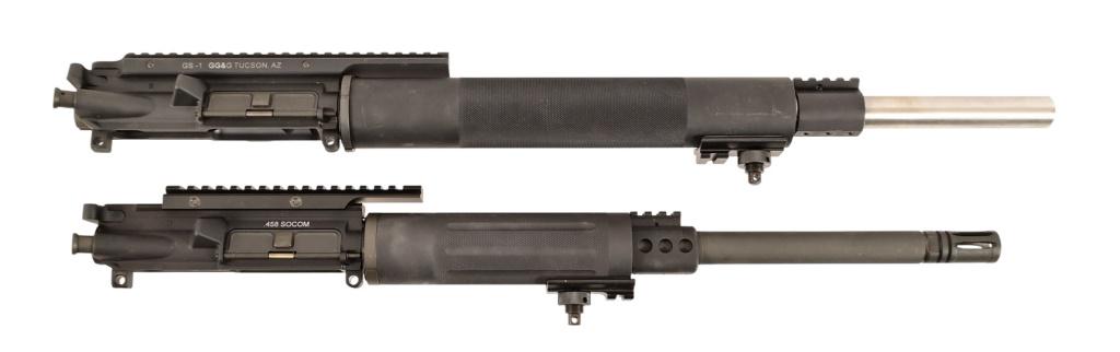 Two (2) Complete AR-15 Upper Receivers .458 SOCOM: (1) Chambered in .458 Socom, 1/14 twist 16" barrel with flash suppressor. Weaver Optic Mount System. (1) Del-Ton Inc heavy stainless steel 20" barrel, chambered 5.56 NATO. GG&G GS-1 FIRE System Optica