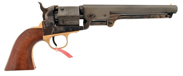 Uberti 1851 Navy Revolver .36 Cal: S/N D91406. Like new in original box, 7.5" barrel, blue finish Naval engagement scene on cylinder.
