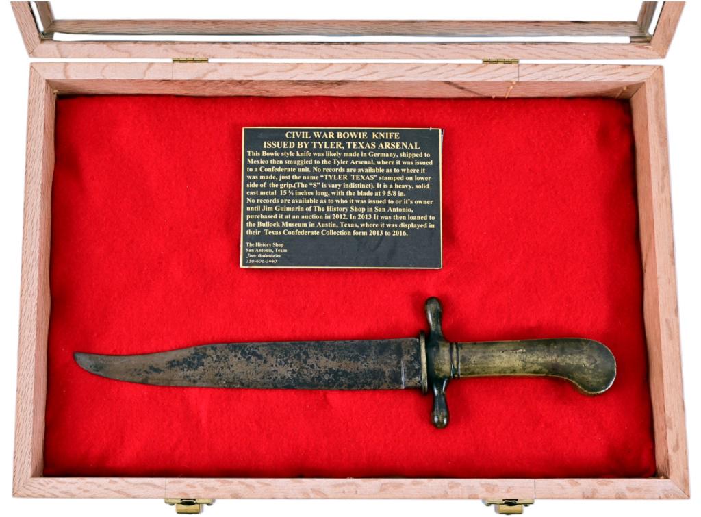 Tyler Texas Confederate Civil War Bowie Knife: Tyler Texas Confederate Bowie Knife displayed at the Bullock Museum in Austin, Texas in their Texas Confederate Collection from 2013-2016. This Bowie style knife was likely made in Germany, shipped to
