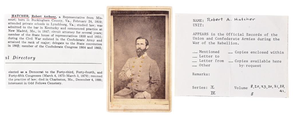 Civil War Photograph of Robert Anthony Hatcher: Robert Anthony Hatcher (February 24, 1819 â€“ December 4, 1886) was a prominent Missouri politician and Democrat who served in the Confederate States Congress during the American Civil War. He th