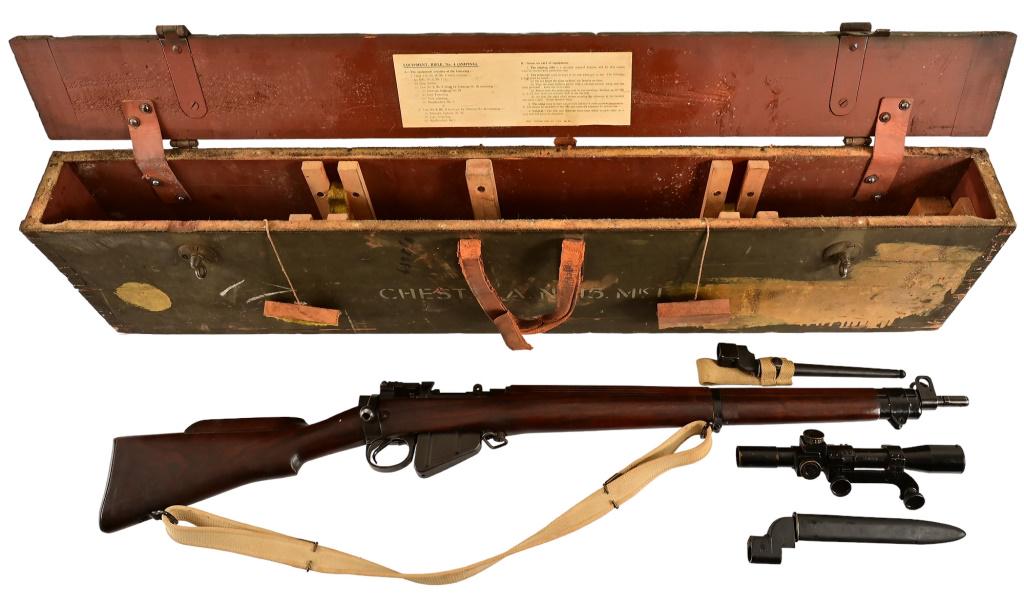 BSA-Shirley Enfield No. 4 Mk1 Sniper Rifle: S/N L32427, manufactured 1944. WWII British sniper rifle with original No. 32 MKII scope & No.4 wooden transit chest. Barrel measures 25", raised cheek-piece on buttstock. Good action and bore. Modern