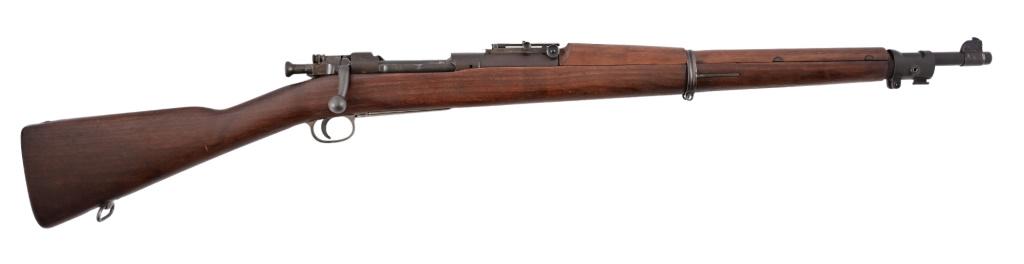 Springfield 1903 Mark I Pederson Cut .30-06: S/N 1146027. Very good condition rifle with Pederson Device cut-out on receiver, over M15 Grenade Launcher Sights. SA, flaming bomb, 3-33 on 24" barrel. Missing barrel band bolts. Modern.