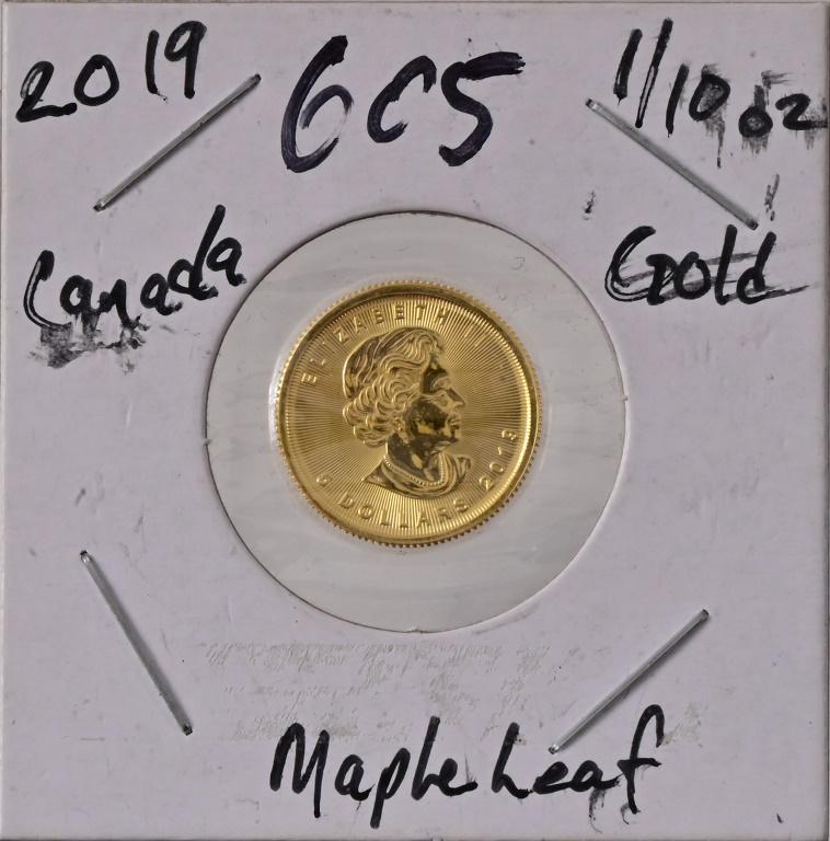 2019 Canada Gold Maple Leaf $5 Gold Coin: 1/10 Oz