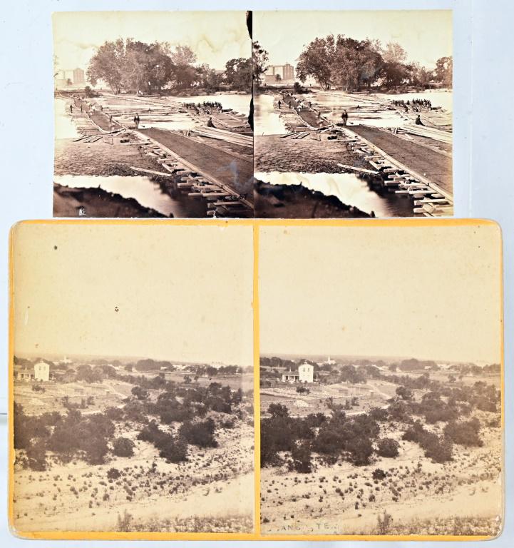 Two Rare Landscape Photographs Blanco Texas 1890s: One in 1890's of Blanco, Texas. Photo by Charles G. Kruse. 7" x 4.5"The other is a double Pontoon Bridge on the James River, Richmond, VA. 5.5" x 3".
