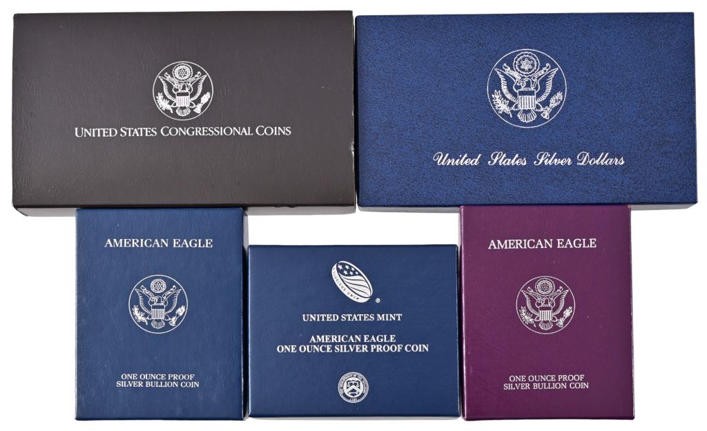 Collection of US MInt Silver Proof Coin Sets: US Mint 1983 Olympiad Silver Proof Coin set, 1789-1989 US Mint Congressional Silver Coin Proof set. 1987 American Eagle Silver $1 One Ounce Proof Coin, 2016 American Eagle Silver $1 One Ounce Proof Co