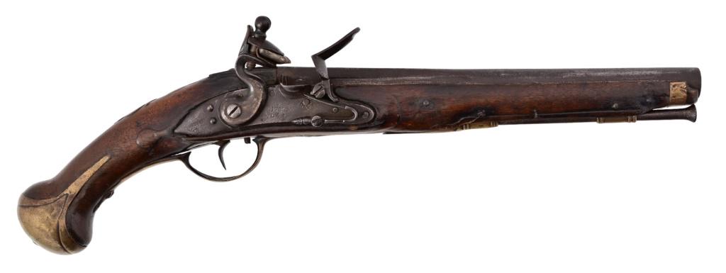 Spanish Flintlock Pistol: Stamped 1786 on lock plate. Action works, 11.5" barrel. Antique