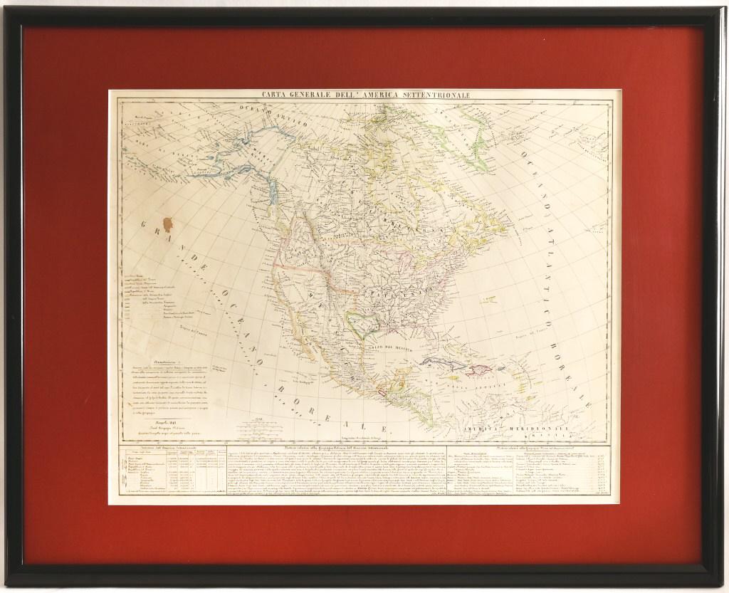 Rare Italian Map 1842 Republic Of Texas: â€œCarta General Dell' America Settentrionale”. Rare Italian map showing a heart-shaped Republic of Texas in 1842. Published in Naples. Hand-coloring. Sheet ~19" x 26-1/2". Framed.
