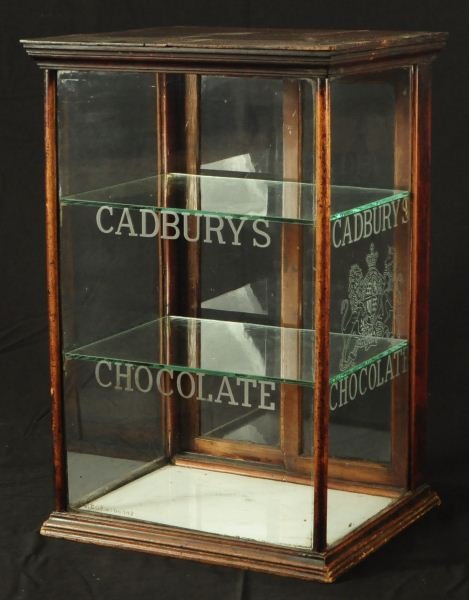 Cadbury's Chocolate Advertising Display Cabinet: Early Advertising Candy Store / Pharmacy Display Cabinet. Marble Base. Measures 23 x 14 x 12