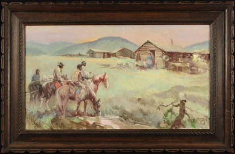 Charles Hargens Indians at Watering Hole Painting: Oil painting on canvas. Charles Hargens (1893-1997) Hot Springs, South Dakota artist. Image measures 32" 18".