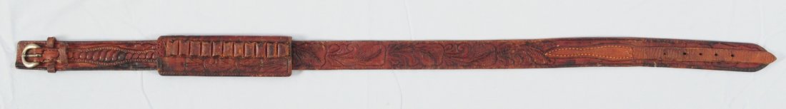 S.D. Meyers Tooled Gun Belt: S.D. Meyers Tooled Belt & Bullet Holder. Belt Measures 41" long. Bullet Holder Measures 7 1/4" long.