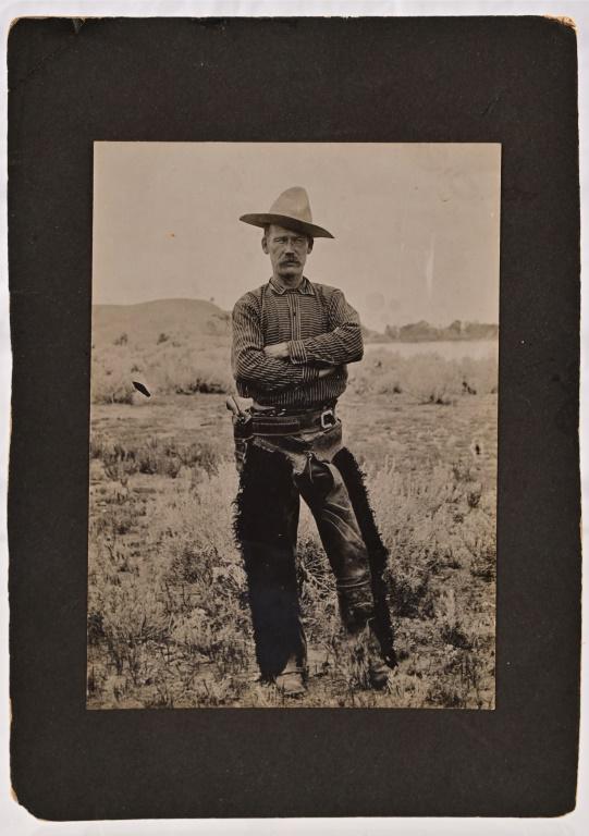 Original 1887 Photograph of Known Montana cowboy D.J. OMalley Autographed: Original 1887 photograph of known Montana cowboy D.J. OMalley, autographed. Back of photo written in period ink: "Yours Truly, D.J. OMalley, The N-N Kid or Kid White. Taken on the Yellowstone. Above M