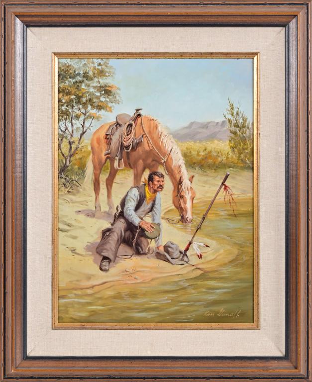 Cowboy At The Water Hole Oil Painting Ken Gunall: Oil Painting by Ken Gunall. 18.25" x 22.25"