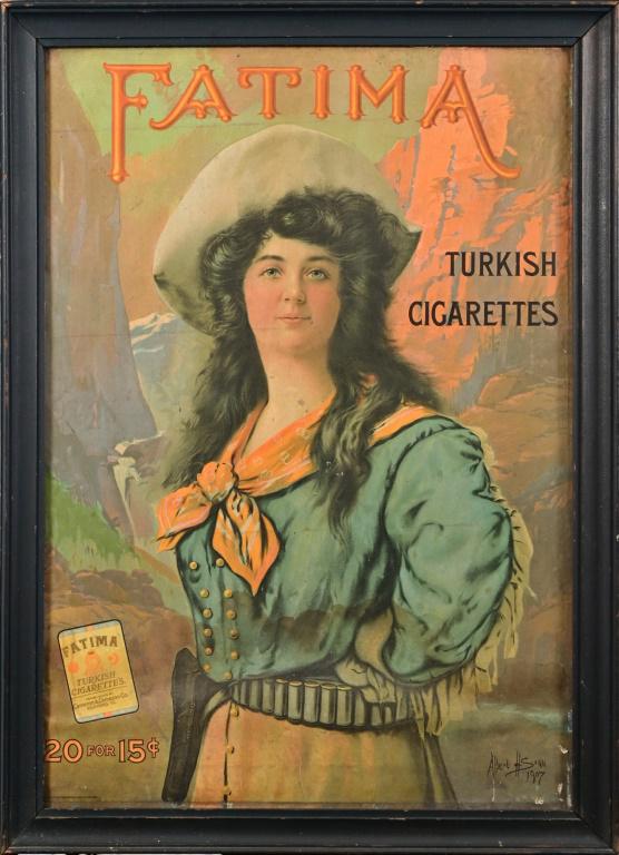 Fatima Turkish Cigarettes Cowgirl Advertisement: Famous Fatima Turkish Cigarettes Cowgirl Cardboard Sign, Copyright 1907 by the American Tobacco Co. Beautiful cowgirl captured by artist Albert H. Sonn (1867-1936). Frame measures 20.5" x 28.25"