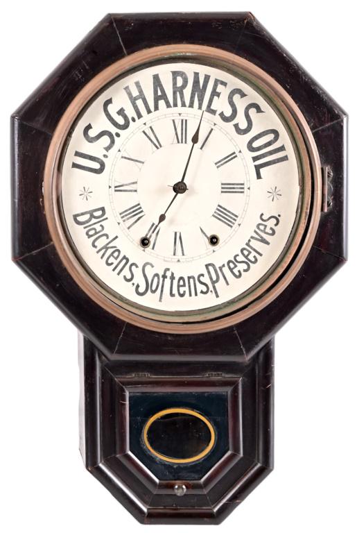 U.S.G. Harness Oil Advertising Wall Clock: 24" x 16" x 5".