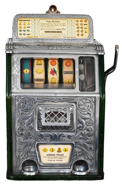Caille 5 Cent 4 Reel Grand Prize Slot Machine: With keys. 23" x 14" x 13".