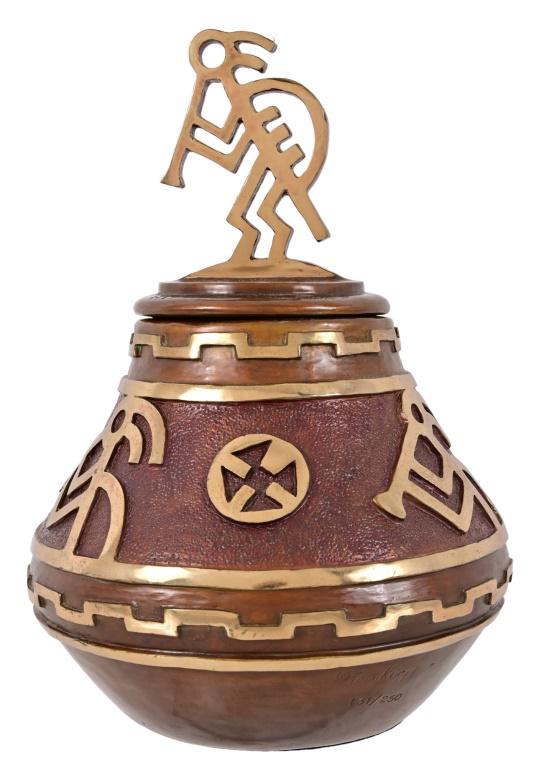 "Kokopelli" by Tom Knapp Bronze Indian Jar: Kokopelli- The Humpbacked Flute Player" Edition 131 of 250. 10" x 12